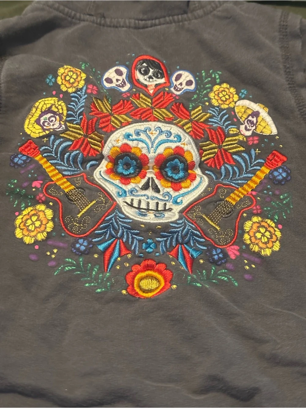 Disney Coco Gray Girls' Hooded Zip Sweatshirt with Colorful Embroidery